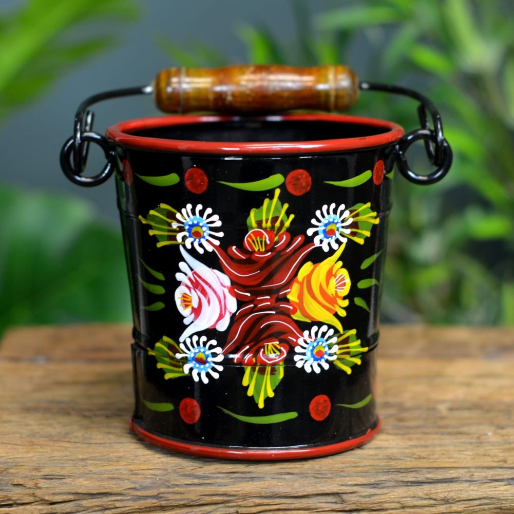 Small Black Narrowboat Hand Painted Bucket