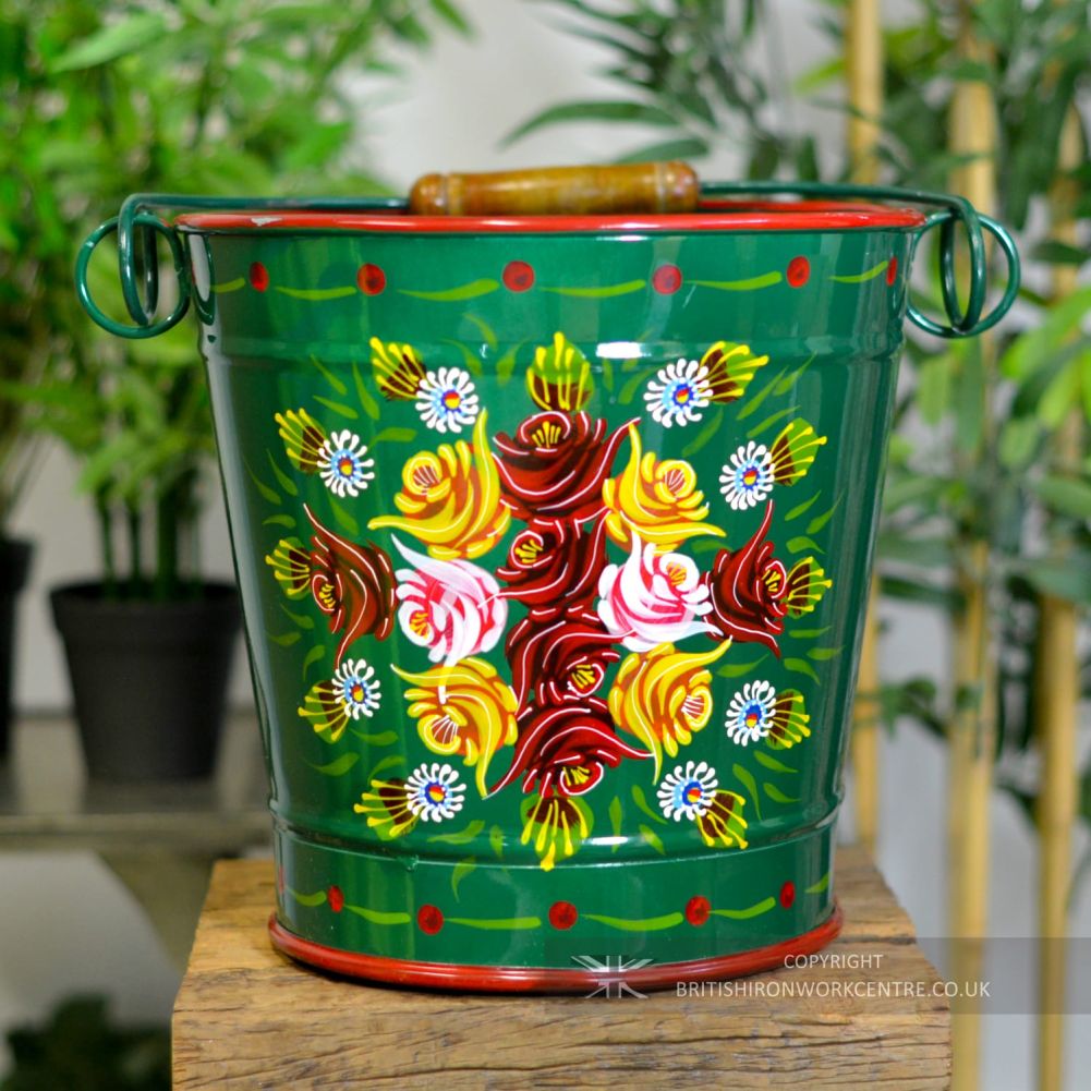 30cm Tall Hand Painted Green Narrowboat Bucket
