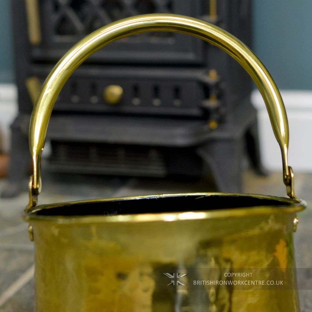 Medium Brass Hammered Effect Fireplace Fuel Bucket Close Up Of Handle 