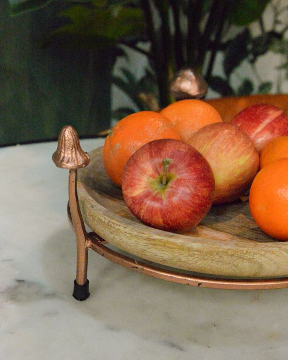 Close Upp Of The Medium Mango Wood & Metal Copper Toadstool Tray