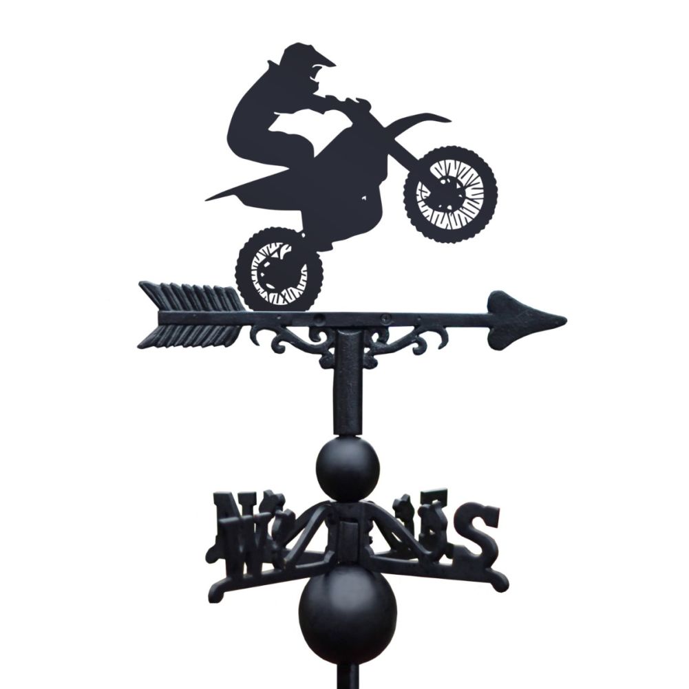 Close up of Cast Iron & Steel Miniature Dirt Bike Weathervane topper