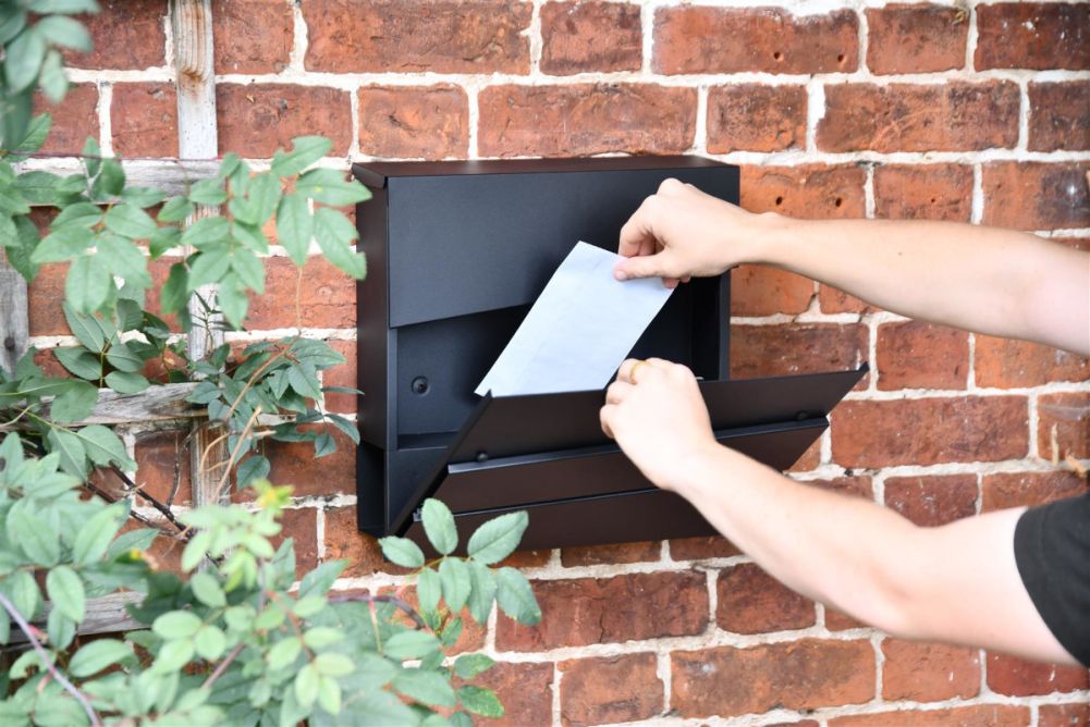 Modern 'Nero' Wall Mounted Post Box & Newspaper Holder Front Open