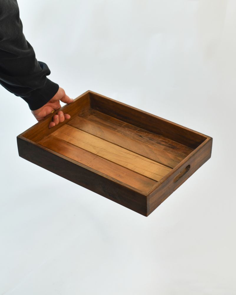 Pair Of Recycled Wood Rustic Serving Trays In Natural Finish