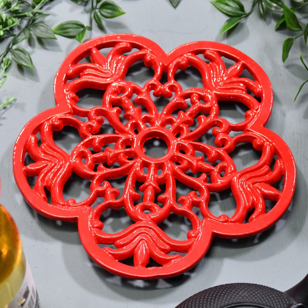 Red Cast Iron Flower Trivet in Situ