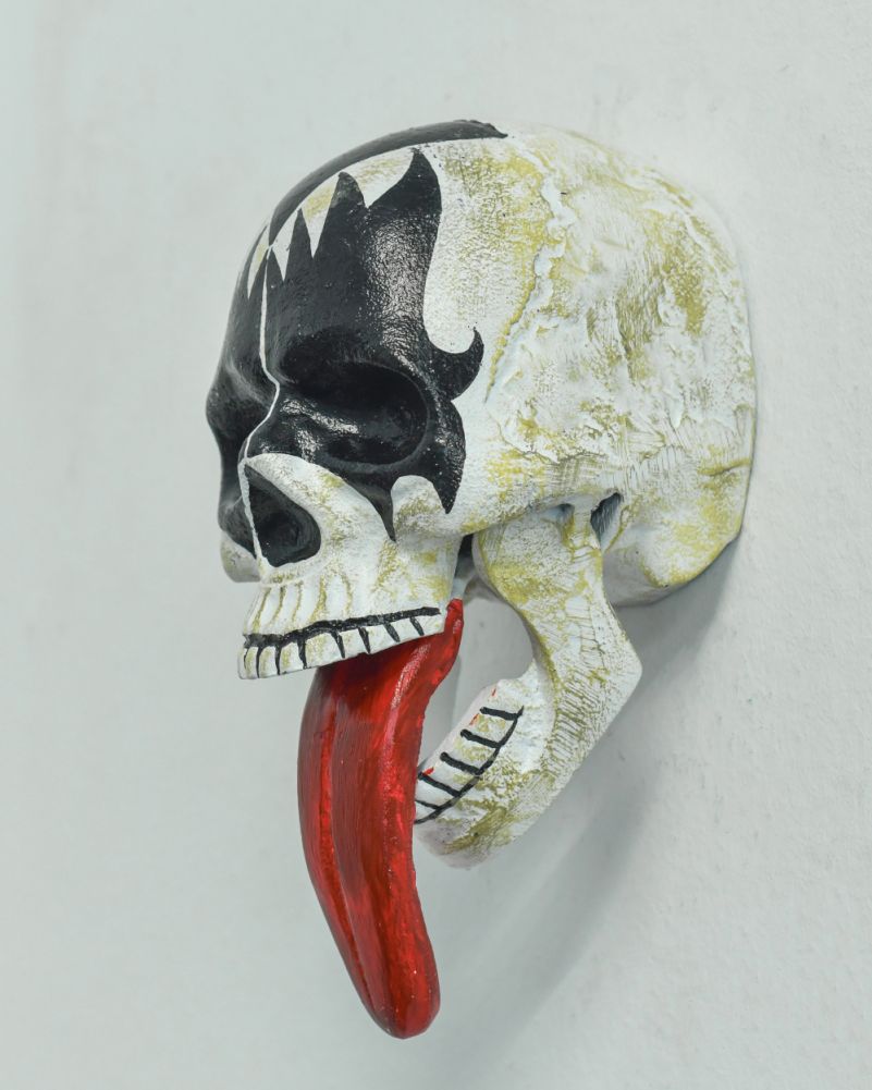 Ornate Cast Aluminium Skull Ornament - The Rocker Side On