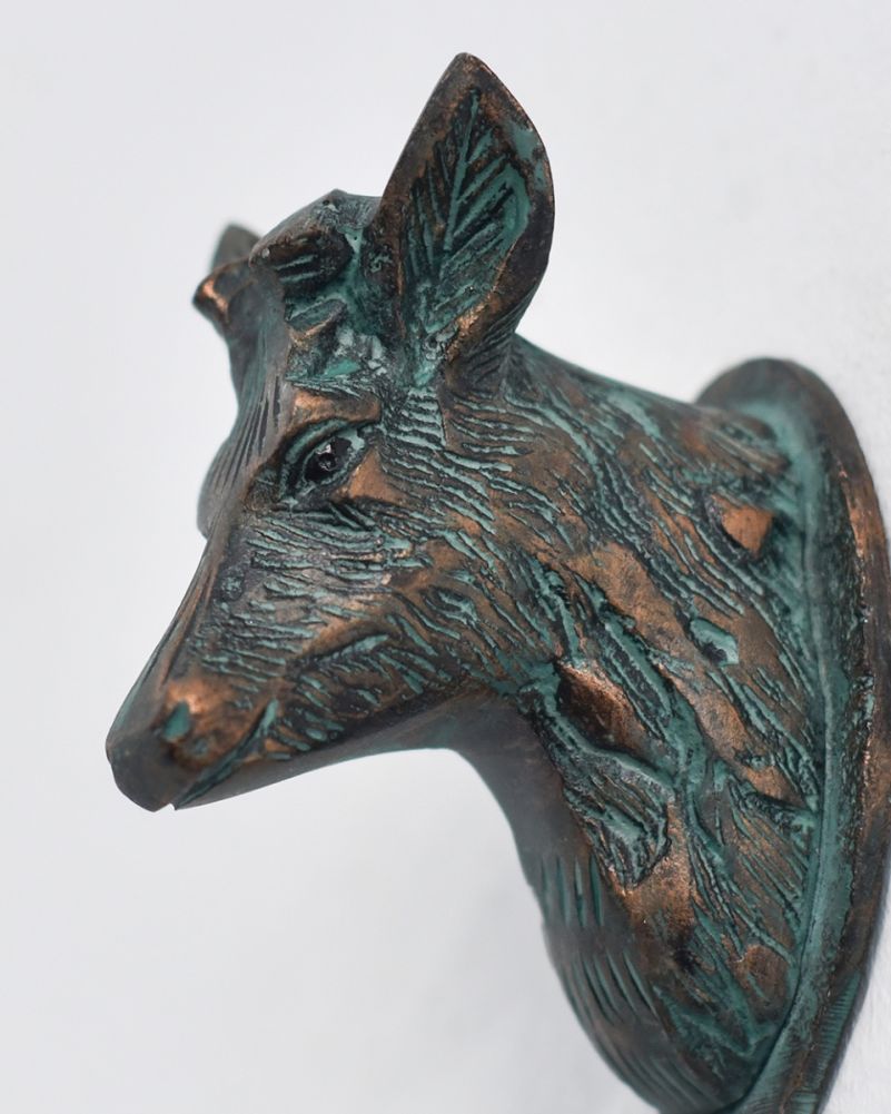 Ornate Cast Aluminium Verdigris Deer Head Hook Close Up