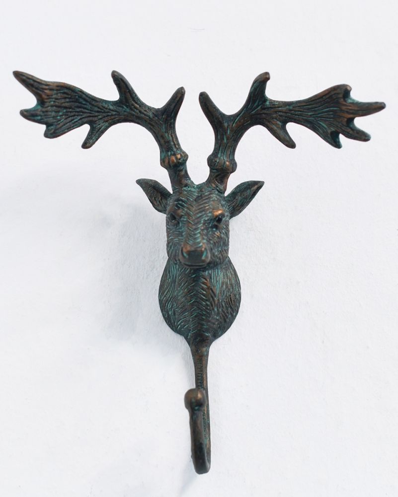 Ornate Cast Aluminium Verdigris Elk Head Hook Front