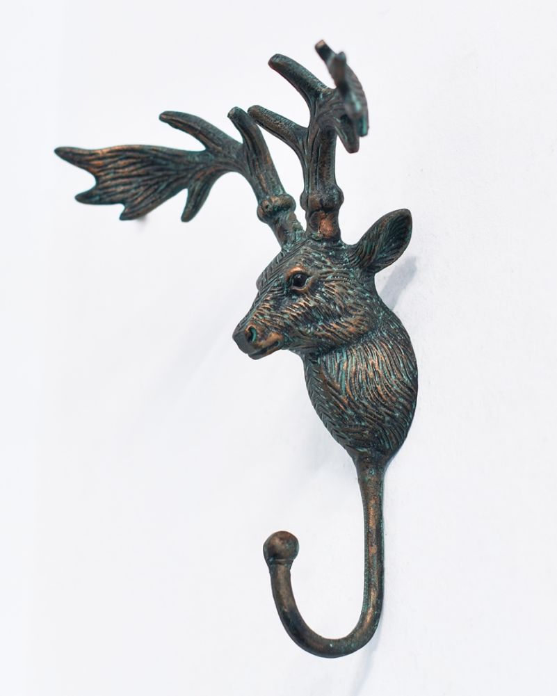 Ornate Cast Aluminium Verdigris Elk Head Hook Side On