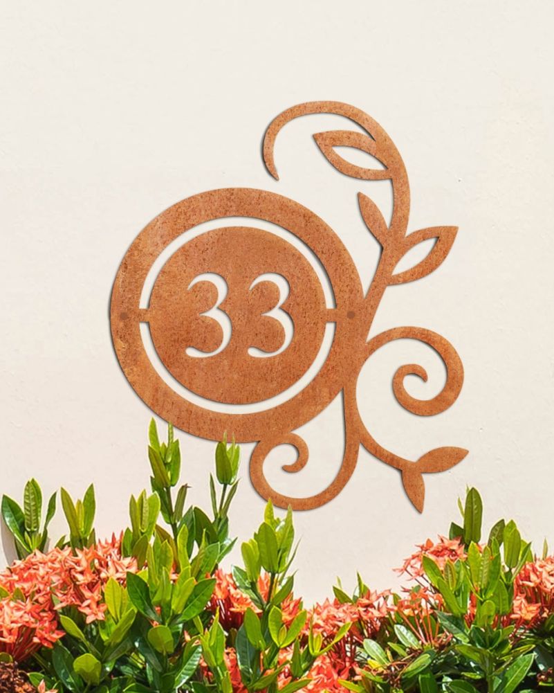 Ornate Circular Rustic 'Flora' Steel House Number Sign