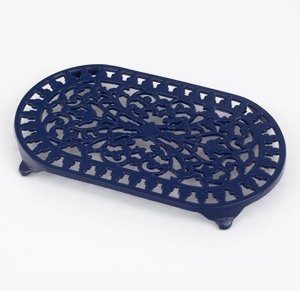 Ornate Filigree Cast Iron Trivet Blue