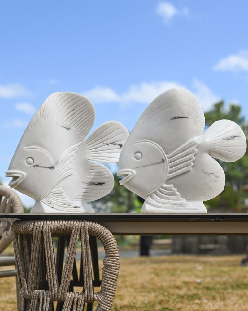 Marble Effect Ornate Pair Of Angelfish Garden Sculptures