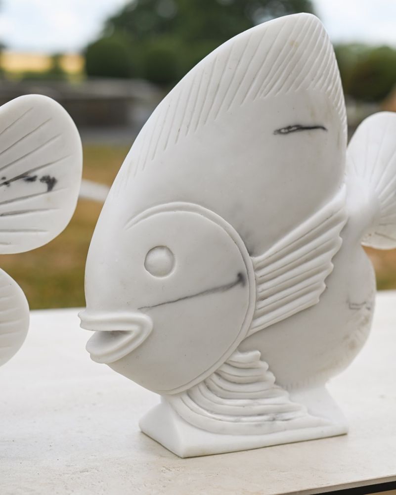 Close Up Of The Marble Effect Ornate Pair Of Angelfish Garden Sculptures