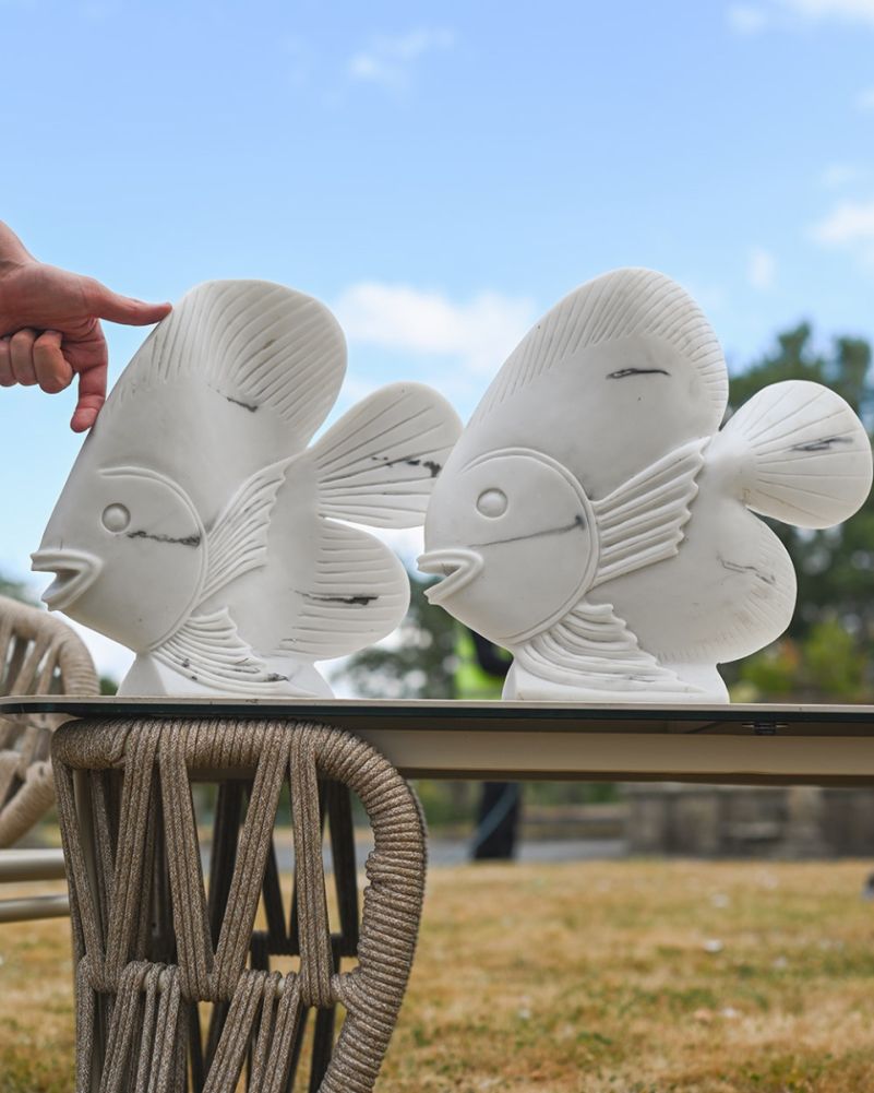Scale Of The Marble Effect Ornate Pair Of Angelfish Garden Sculptures