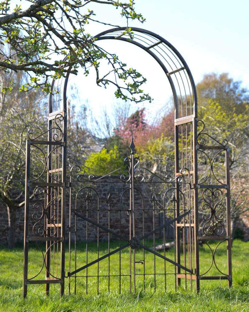 Side Of The Ornate Rustic Wightwick Natural Steel Rose Arch With Gate