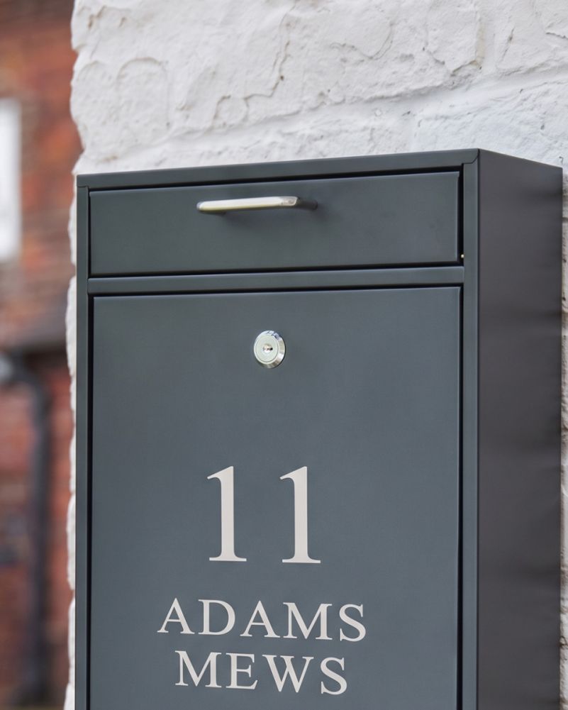 Personalised Modern Black Wall Mounted Post Box Digital Illustration Up Close