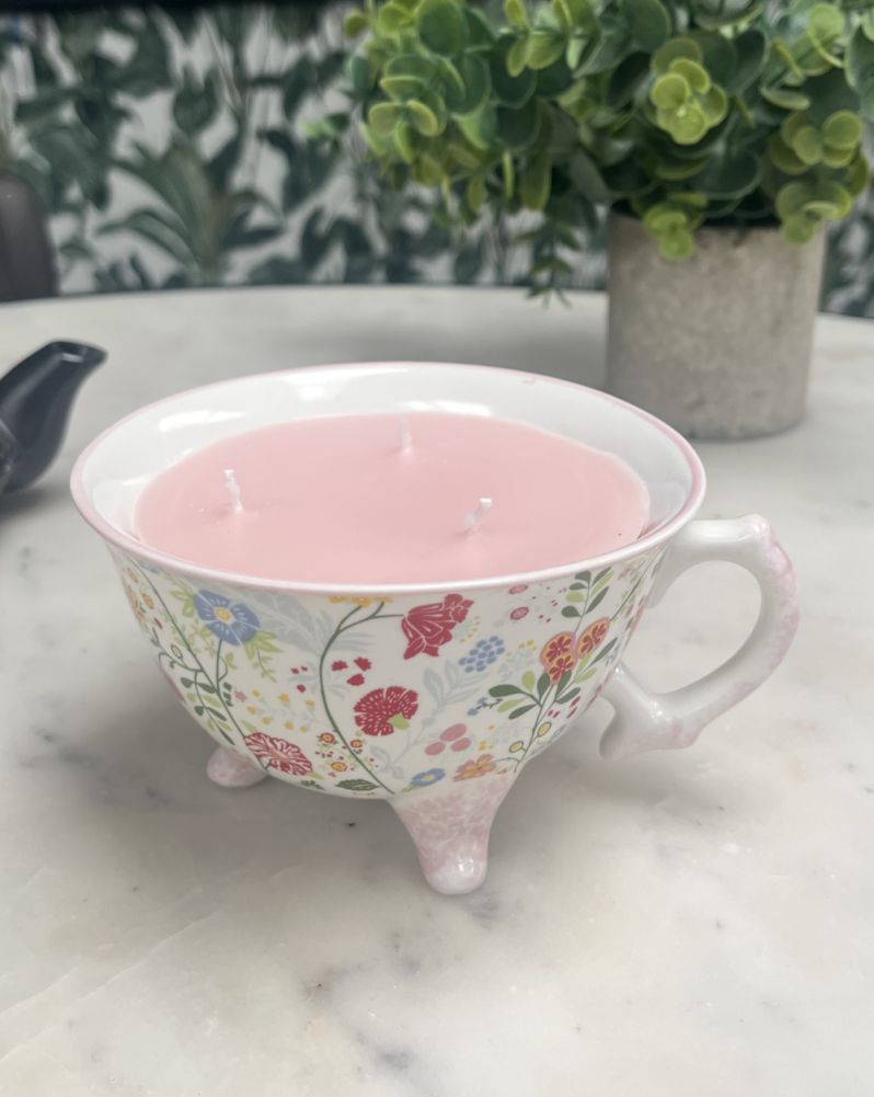 The 'Sakura' Pink Floral Ceramic Three Feet Teacup Candle
