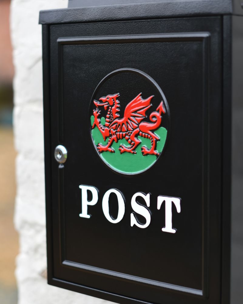 Welsh Dragon Motif Black Wall Mounted Post Box Lockable Letter Door