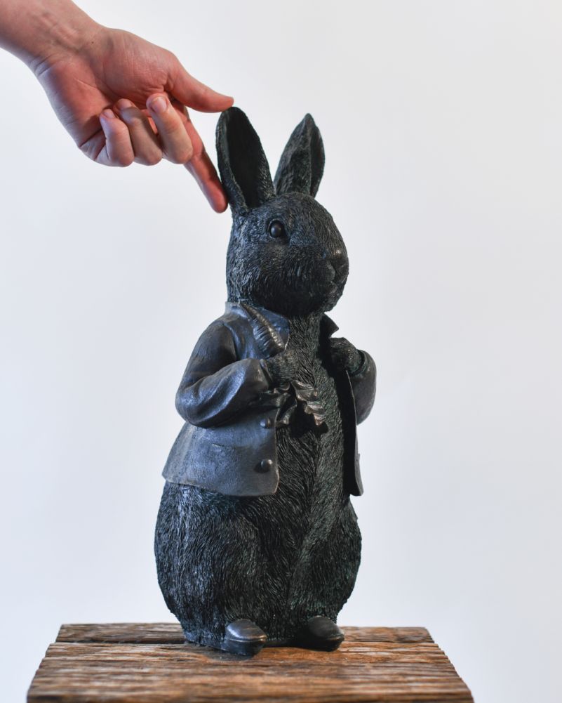 Scale Of Verdigris 'Mr Rabbit' Resin Garden Sculpture On A White Background