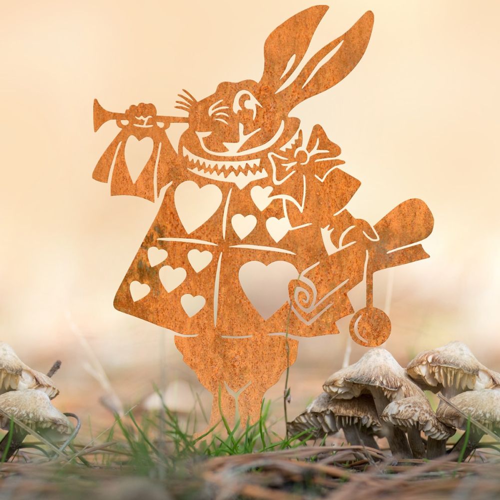 Rustic Rabbit With Trumpet Steel Silhouette in Use in the Garden