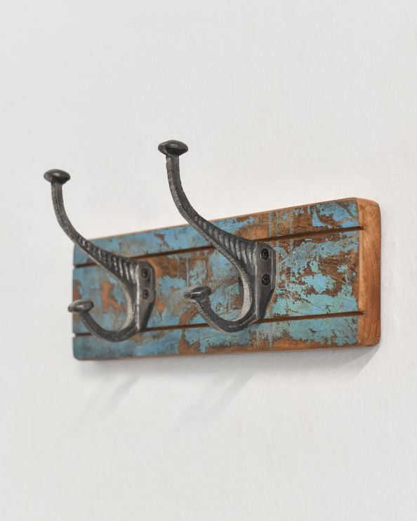 Recycled Wood & Iron Coat Hooks - 2 Blue