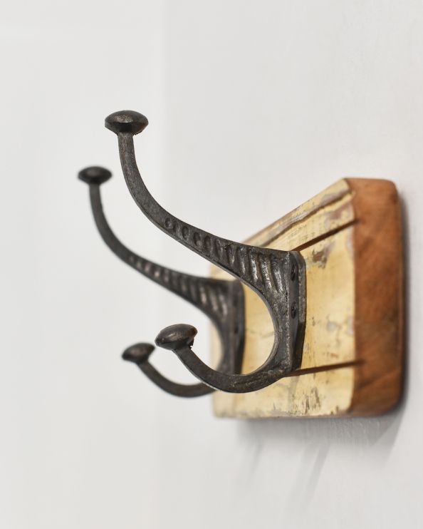 Recycled Wood & Iron Coat Hooks - 2 Close Up Yellow