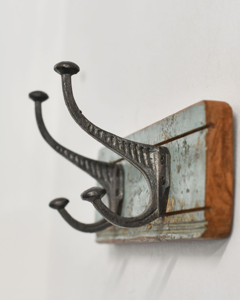 Close Up Of The Recycled Wood & Iron Coat Hooks - 2 Green Finish