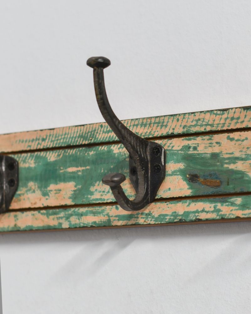 Green Finish On The Recycled Wood & Iron Coat Hooks - 4 
