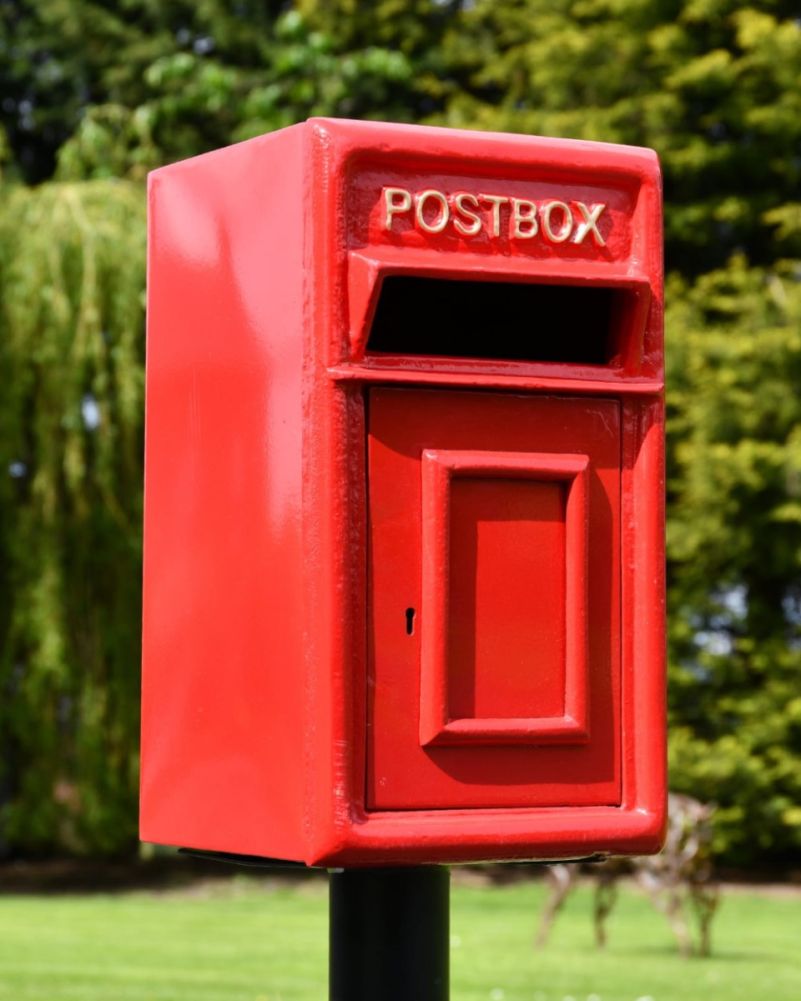Red and Gold Traditional Iron Post Box full view