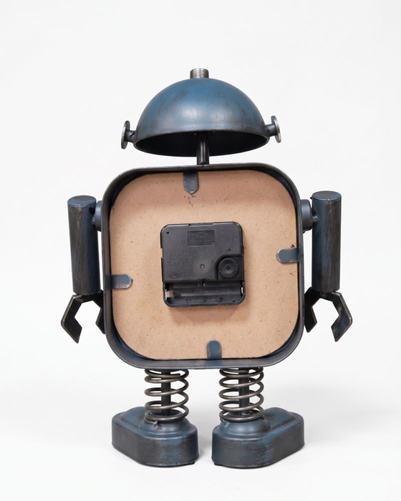 blue standing robotic metal man clock