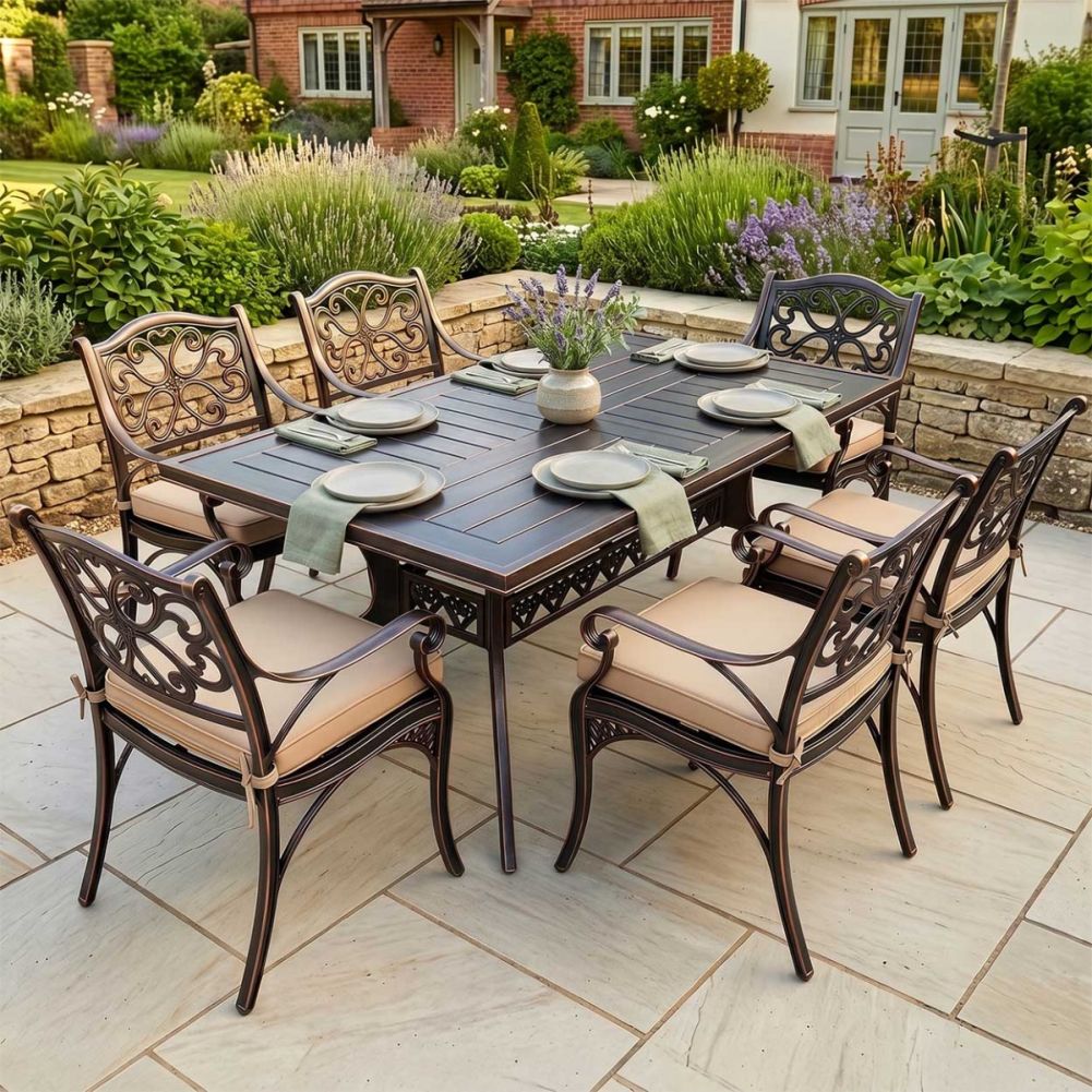 Dressed Rosecliff Manor Six Seater Garden Furniture Set In Antique Copper Digital Illustration