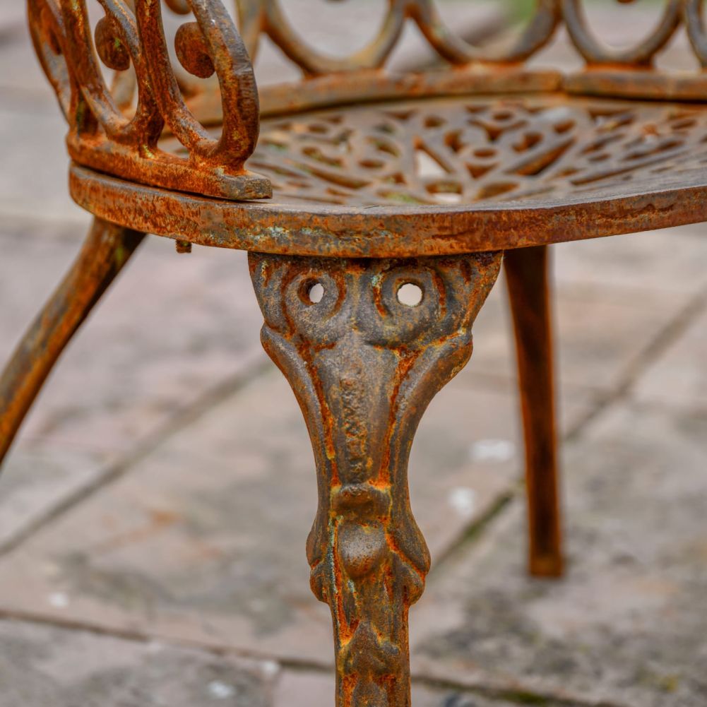 Cast Iron Heart Scrolled Garden Chair in a Rustic Finish Upper Leg Detail