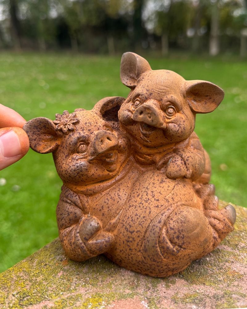 Rustic Cast Iron 'Cleetus & Cara' The Pigs Garden Sculpture Scale