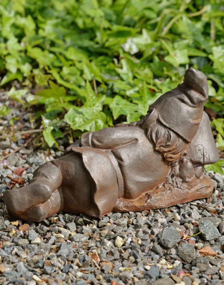 Rustic Cast Iron 'Lazy Gnome' Garden Sculpture Back