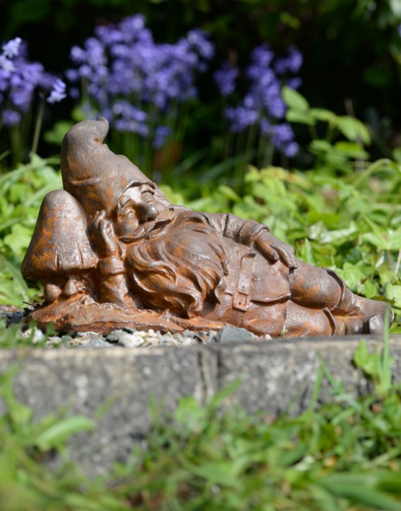 Rustic Cast Iron 'Lazy Gnome' Garden Sculpture Lying