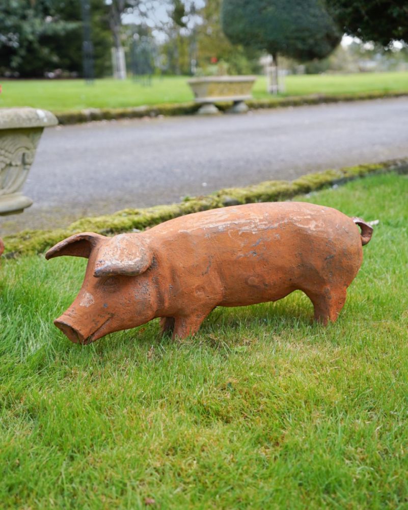 Rustic Cast Iron Pig Sculpture - Large Side On