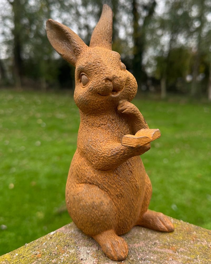 Rustic Cast Iron Reading Rabbit Garden Sculptures 