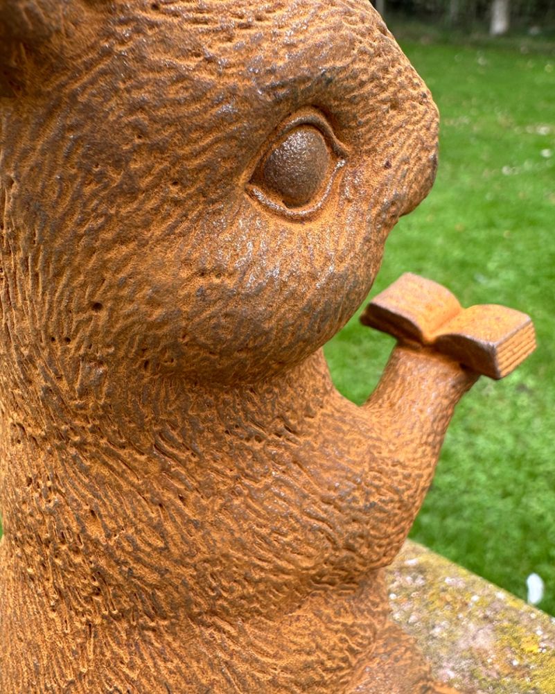 Rustic Cast Iron Reading Rabbit Garden Sculptures Close Up