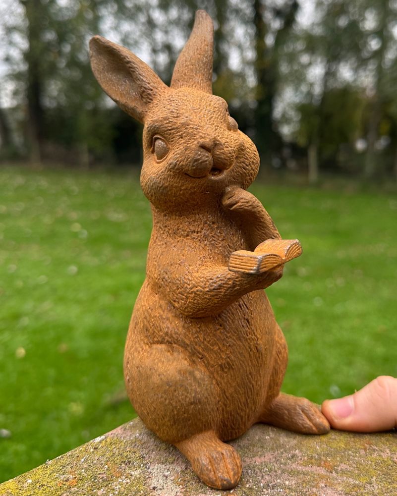 Rustic Cast Iron Reading Rabbit Garden Sculptures To Scale