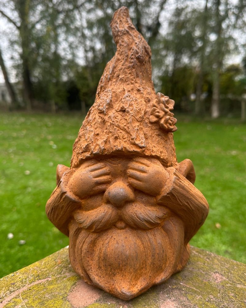 Rustic Cast Iron See No Evil Gnome Garden Sculpture