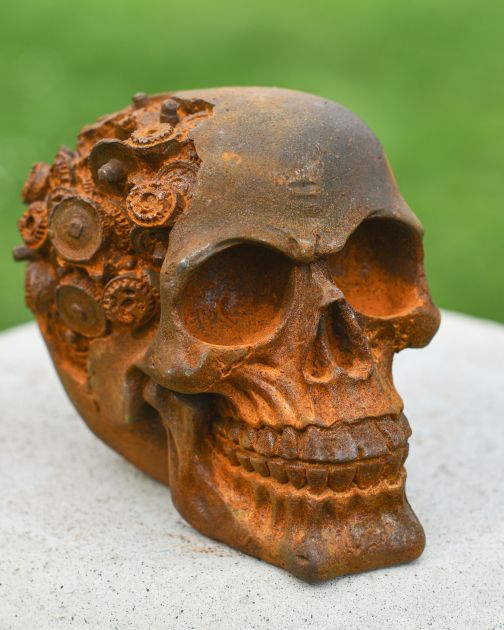 Rustic Cast Iron Skull Garden Ornament - 'Relic of Innovation'