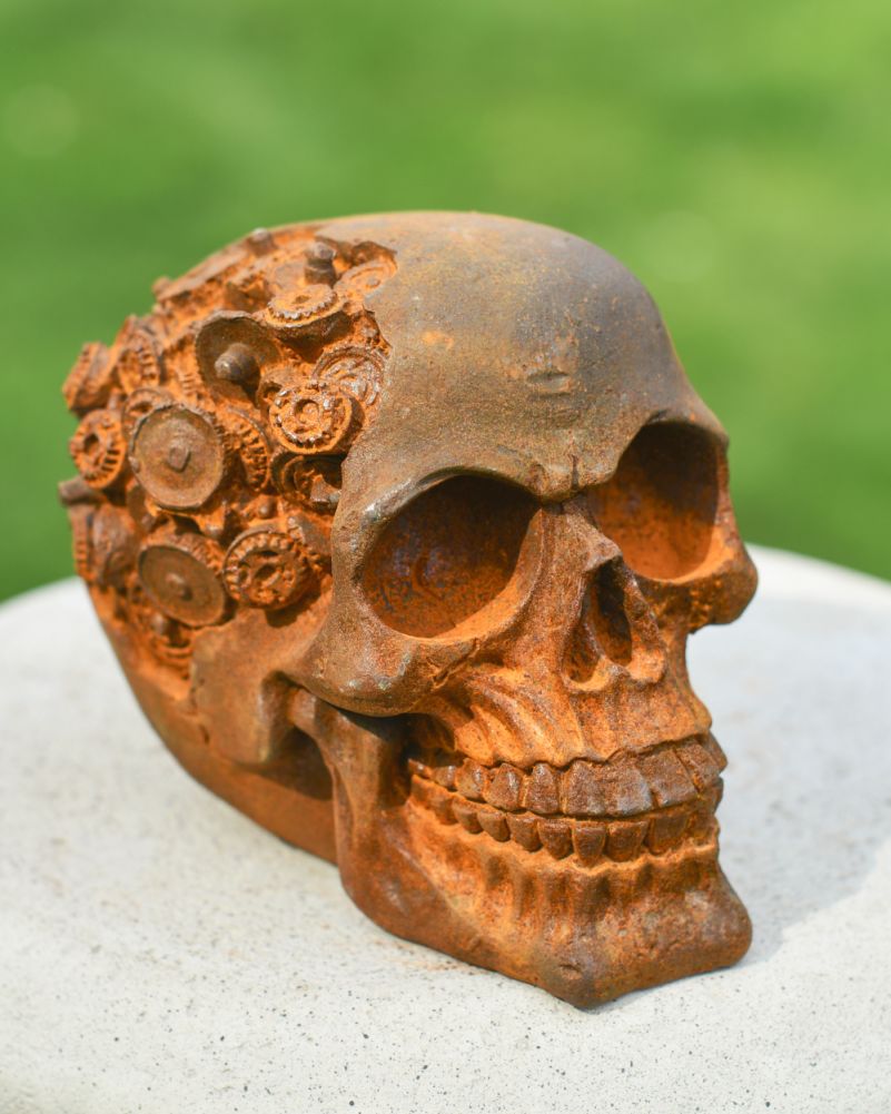 Rustic Cast Iron Relic of Innovation Skull Garden Ornament