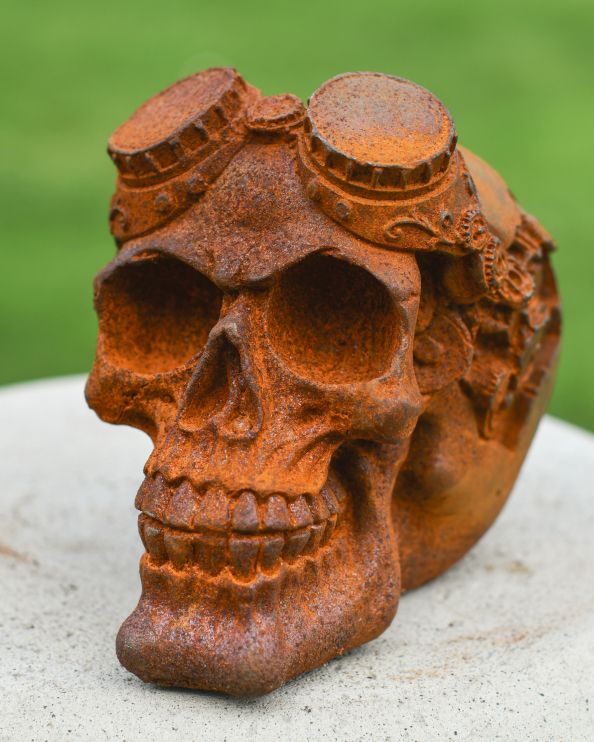 Rustic Cast Iron Skull Garden Ornament - 'Rusting Time Traveler'