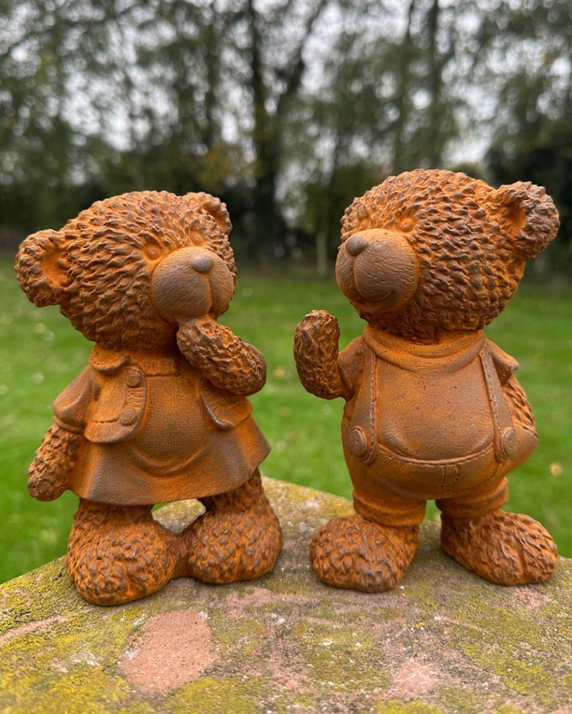 Rustic Cast Iron Unbearably Cute Garden Sculpture - Set Of Two
