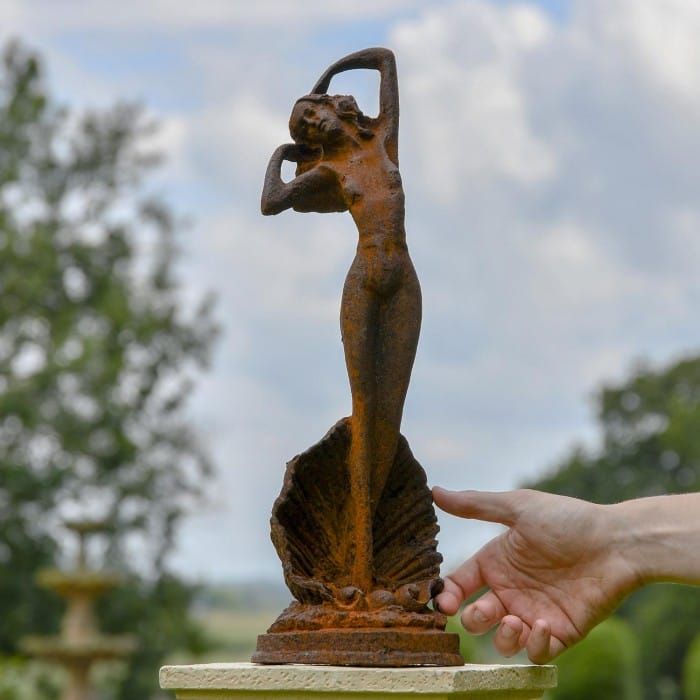 Lady Standing on Clam Sculpture - Rustic Scale View