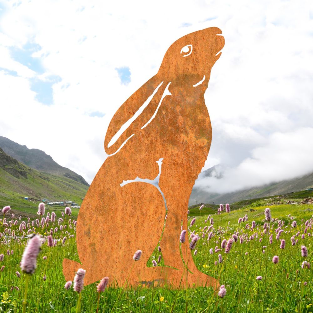 Rustic Moon-Gazing Hare Sheet Steel Silhouette in Situ