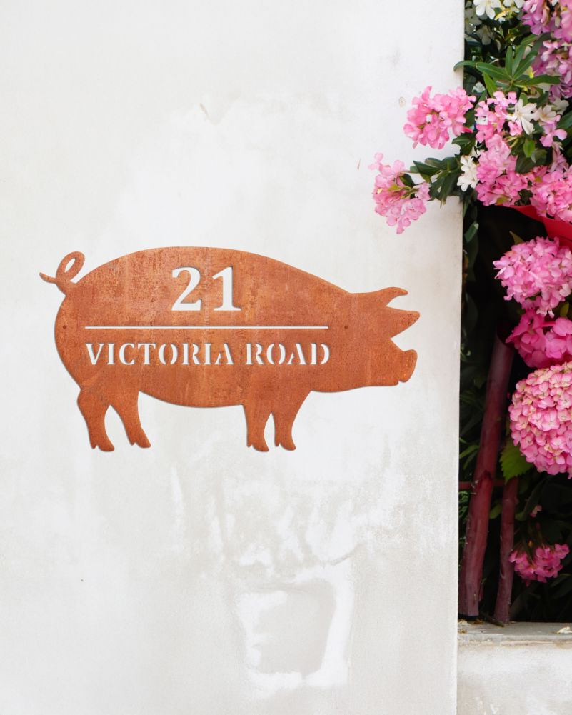 Rustic Steel Pig House Name & Number Sign 