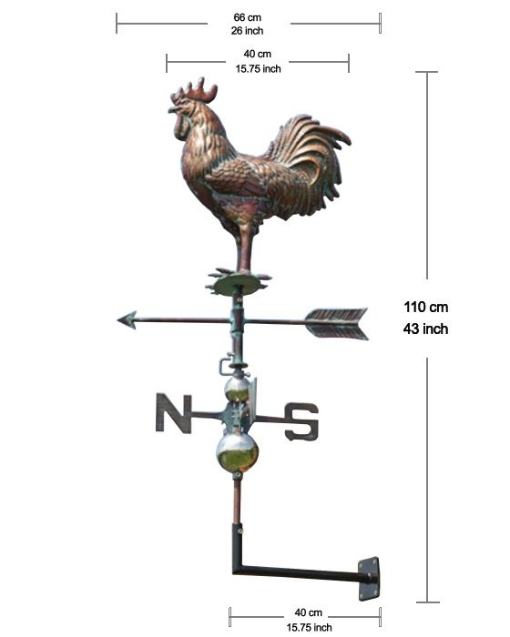 Rustic Verdigris 'Gale The Cockerel' Steel Weathervane  Dimensions