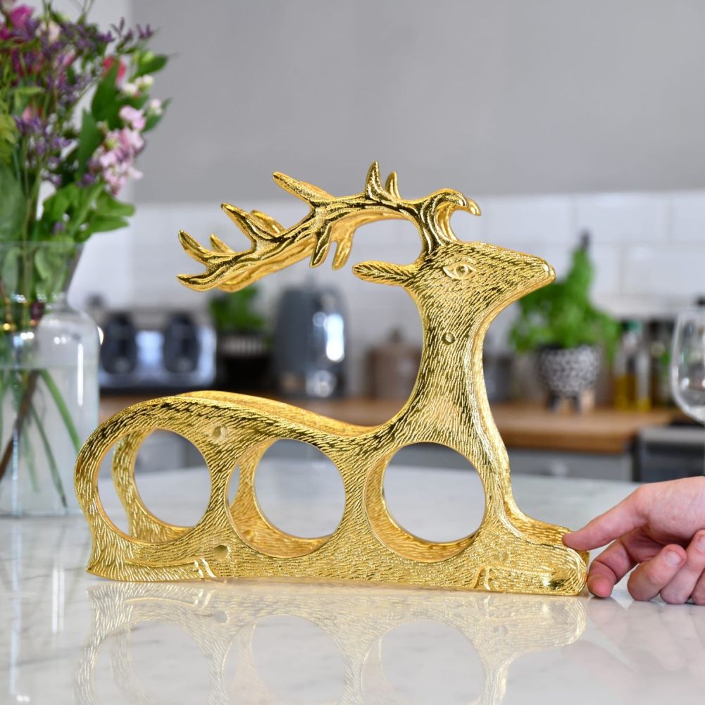 Gold 'Laying Stag' Wine Rack With Hand For Scale