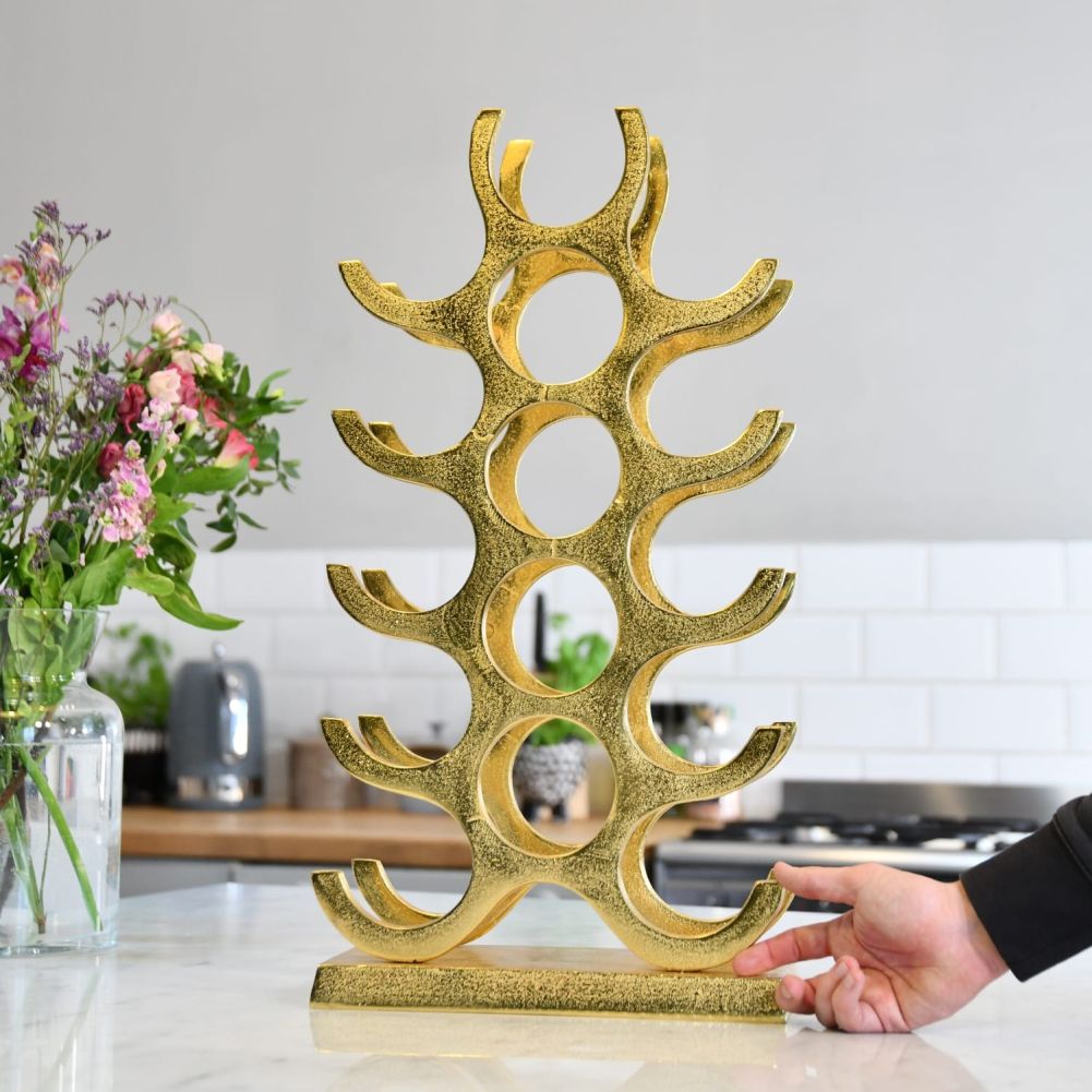 Gold 'Branches' 15 Bottle Wine Rack With Hand For Scale
