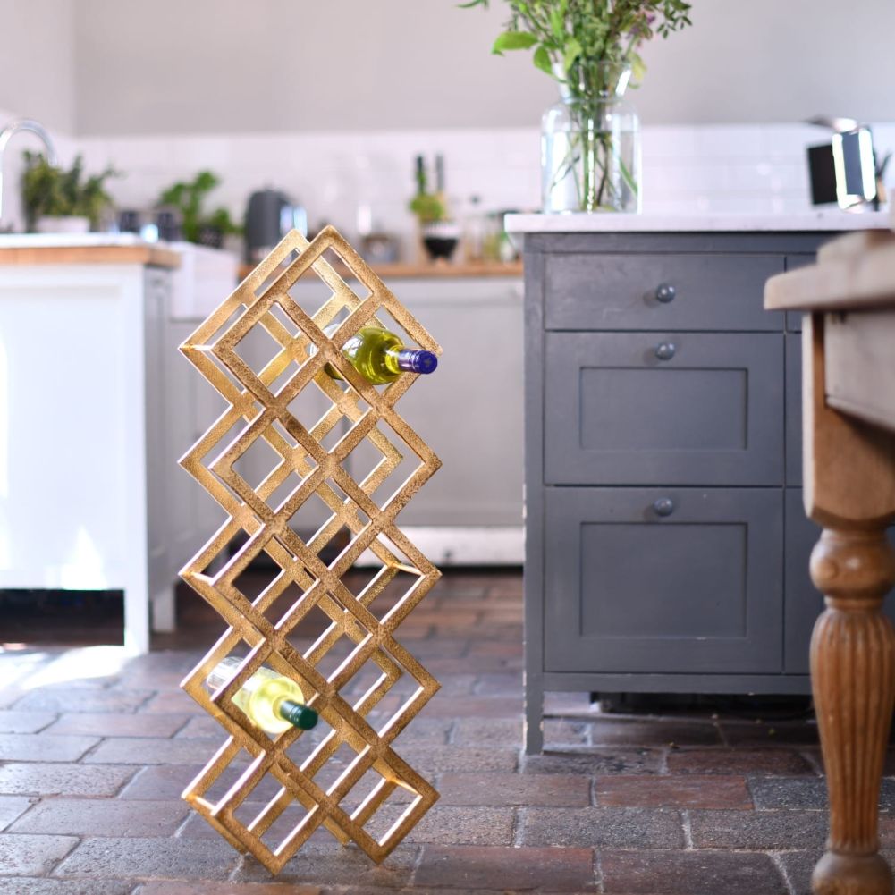 Gold 'Geometric Grid' Wine Rack On a Kitchen Floor